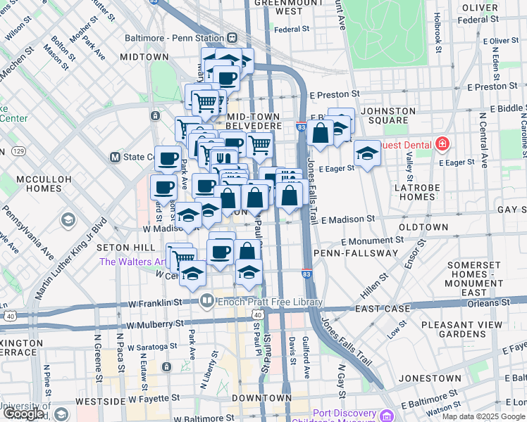 map of restaurants, bars, coffee shops, grocery stores, and more near 815 Saint Paul Street in Baltimore