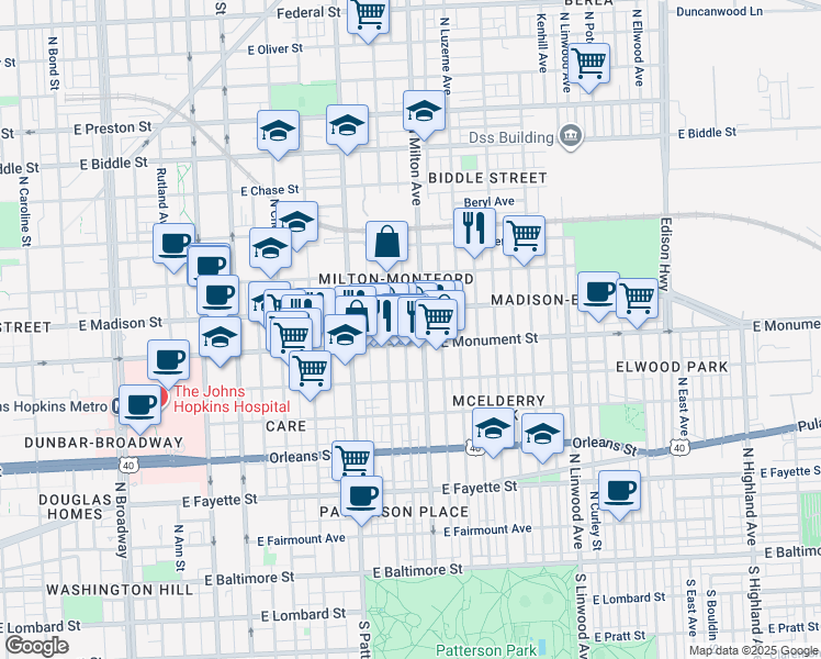 map of restaurants, bars, coffee shops, grocery stores, and more near 709 North Port Street in Baltimore