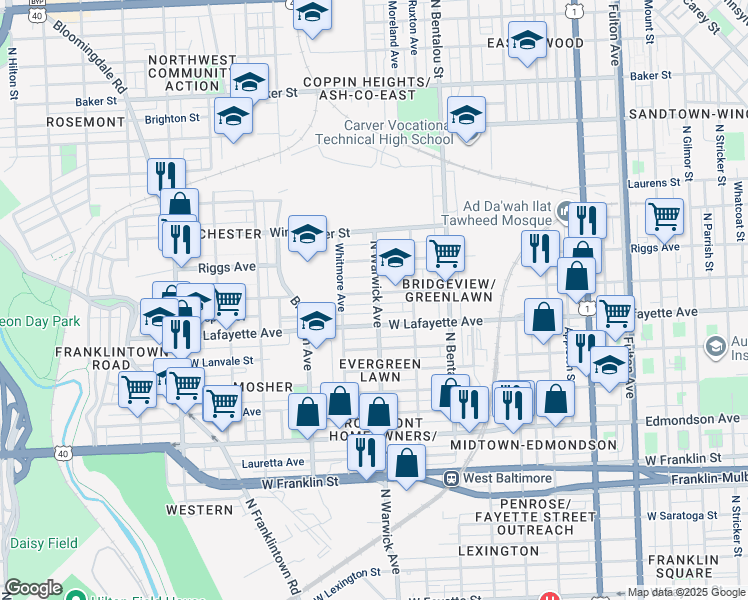 map of restaurants, bars, coffee shops, grocery stores, and more near 2501 Mosher Street in Baltimore