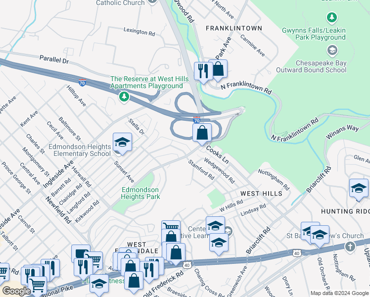 map of restaurants, bars, coffee shops, grocery stores, and more near 1211 Stamford Road in Baltimore