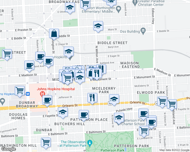 map of restaurants, bars, coffee shops, grocery stores, and more near 713 North Port Street in Baltimore