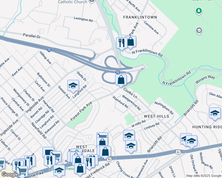 map of restaurants, bars, coffee shops, grocery stores, and more near 1211 Stamford Road in Baltimore