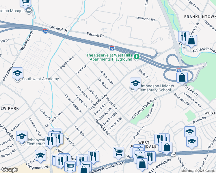 map of restaurants, bars, coffee shops, grocery stores, and more near 5900 Cecil Avenue in Woodlawn