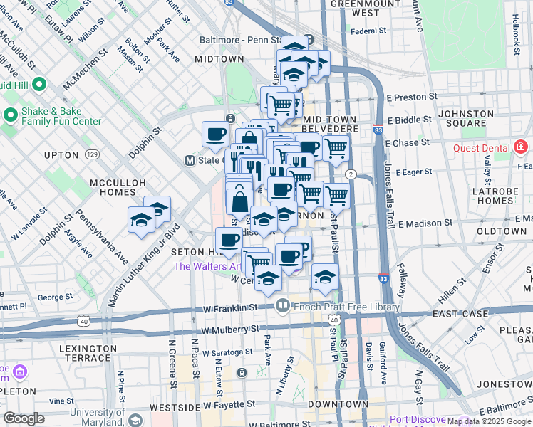 map of restaurants, bars, coffee shops, grocery stores, and more near 845 Park Avenue in Baltimore