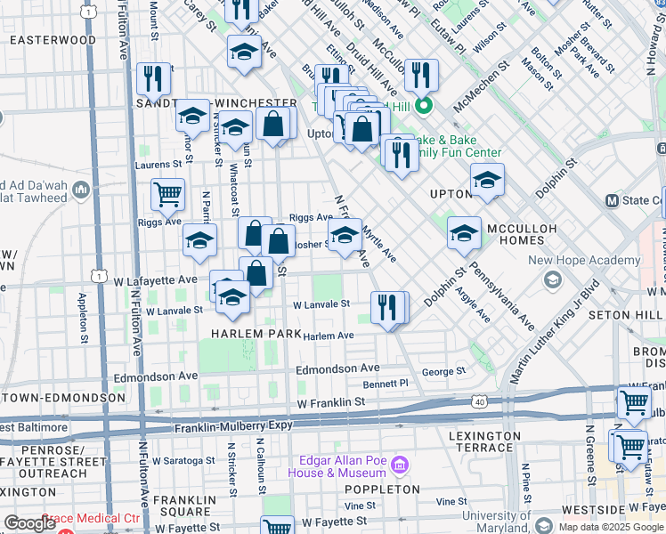 map of restaurants, bars, coffee shops, grocery stores, and more near 1106 West Lafayette Avenue in Baltimore