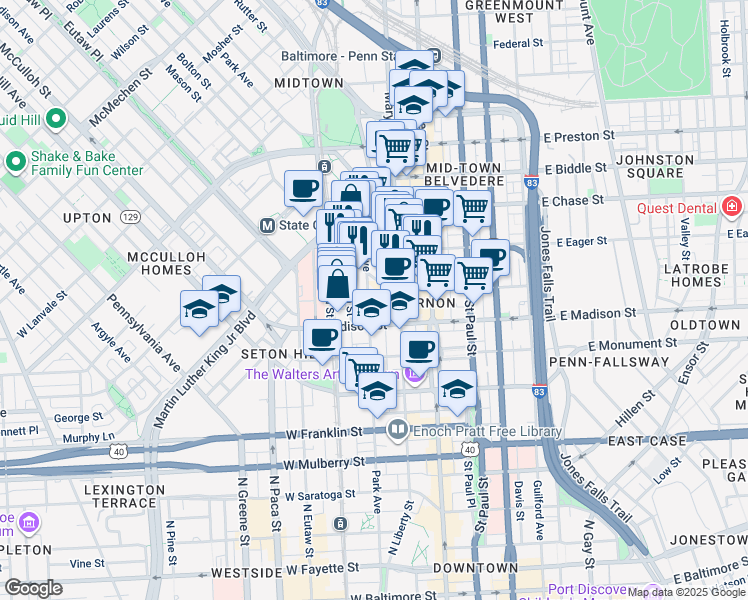 map of restaurants, bars, coffee shops, grocery stores, and more near 823 Park Avenue in Baltimore