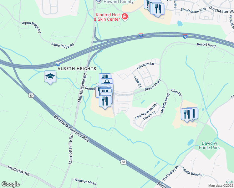 map of restaurants, bars, coffee shops, grocery stores, and more near Resort Road in Ellicott City