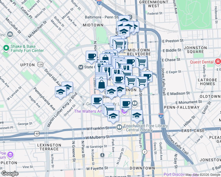 map of restaurants, bars, coffee shops, grocery stores, and more near Park Avenue in Baltimore