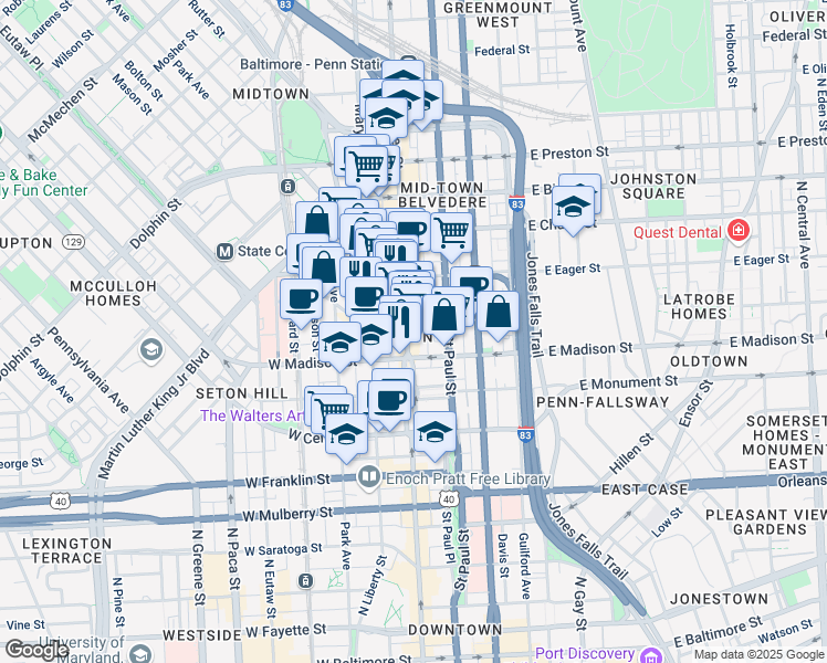map of restaurants, bars, coffee shops, grocery stores, and more near 101 Independence Avenue Southeast in Washington