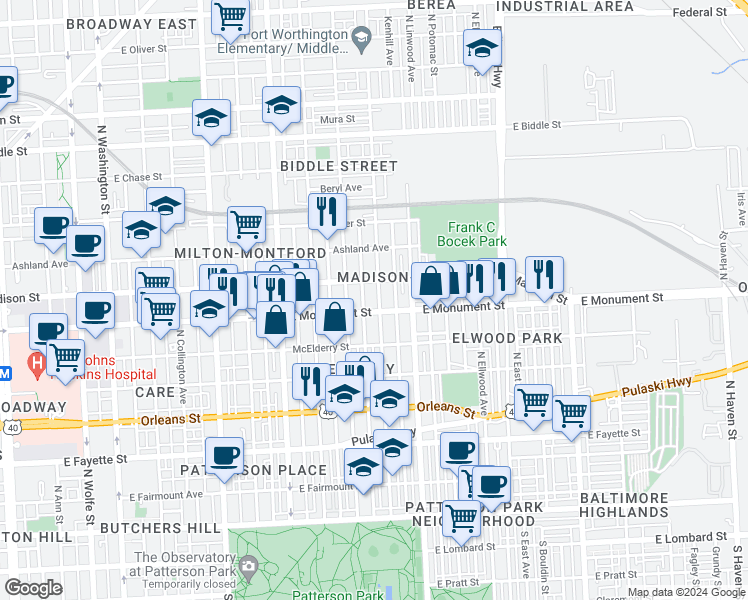 map of restaurants, bars, coffee shops, grocery stores, and more near 716 North Kenwood Avenue in Baltimore