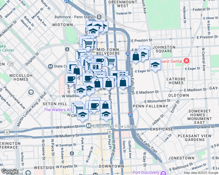 map of restaurants, bars, coffee shops, grocery stores, and more near 817 St Paul St in Baltimore