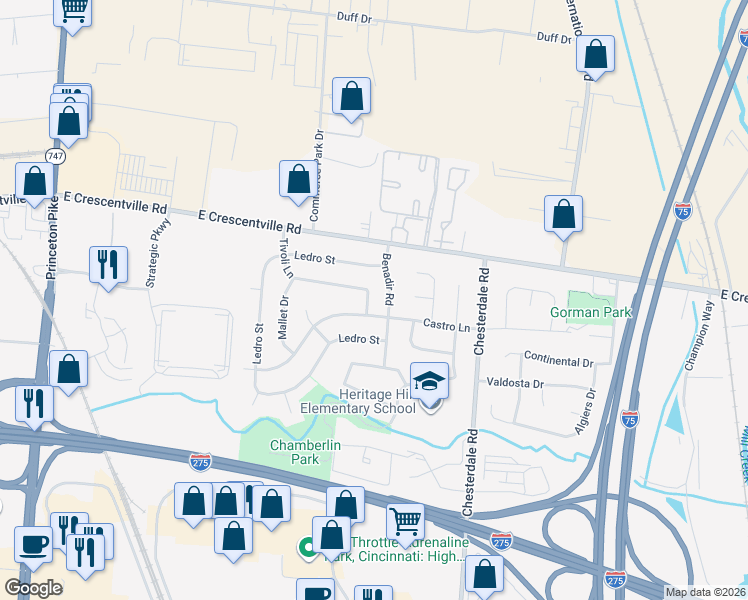 map of restaurants, bars, coffee shops, grocery stores, and more near 12159 Benadir Road in Cincinnati