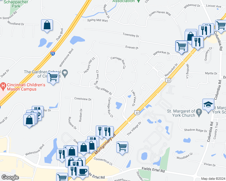 map of restaurants, bars, coffee shops, grocery stores, and more near 9647 Carriage Run Circle in Loveland