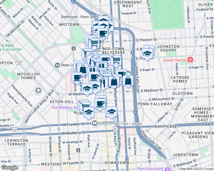 map of restaurants, bars, coffee shops, grocery stores, and more near 825 North Charles Street in Baltimore