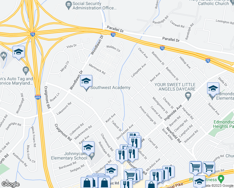 map of restaurants, bars, coffee shops, grocery stores, and more near 1227 Brigadoon Trail in Woodlawn
