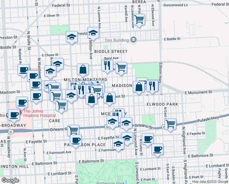 map of restaurants, bars, coffee shops, grocery stores, and more near 723 North Lakewood Avenue in Baltimore