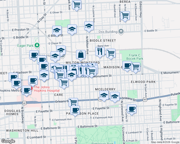 map of restaurants, bars, coffee shops, grocery stores, and more near 823-825 North Milton Avenue in Baltimore