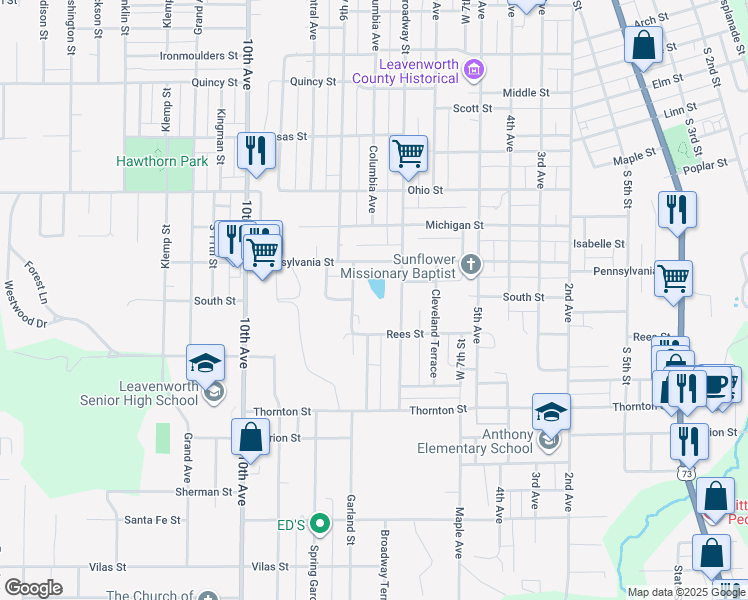 map of restaurants, bars, coffee shops, grocery stores, and more near 1708 South Broadway Street in Leavenworth