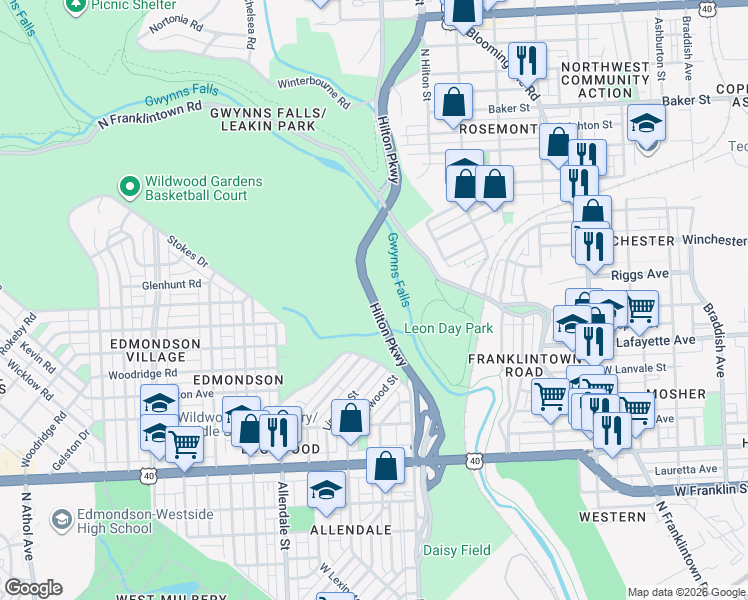 map of restaurants, bars, coffee shops, grocery stores, and more near Hilton Parkway in Baltimore
