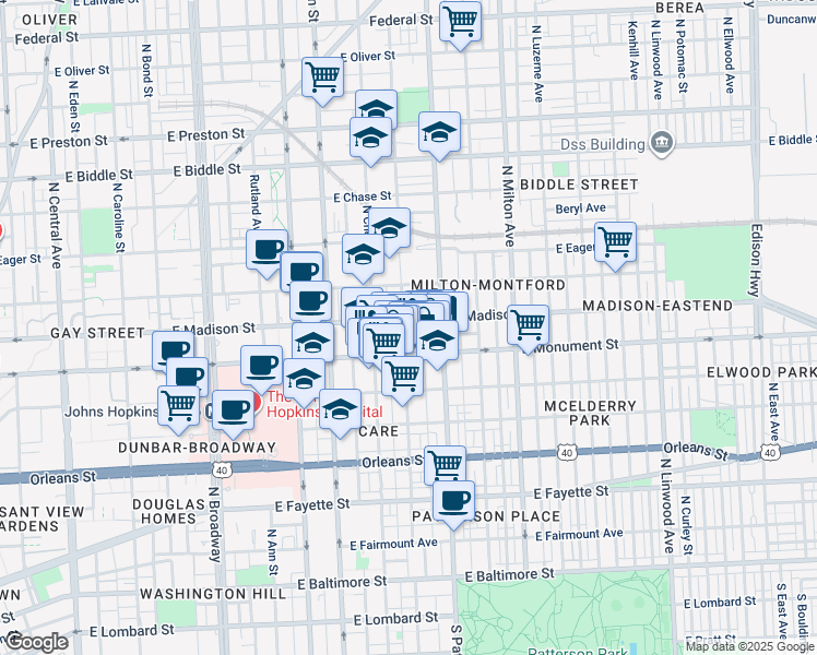 map of restaurants, bars, coffee shops, grocery stores, and more near 727 North Collington Avenue in Baltimore