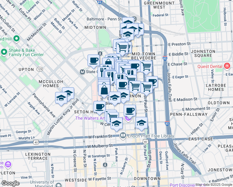 map of restaurants, bars, coffee shops, grocery stores, and more near 829 Park Avenue in Baltimore