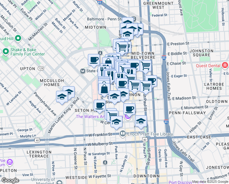 map of restaurants, bars, coffee shops, grocery stores, and more near 829 Park Avenue in Baltimore