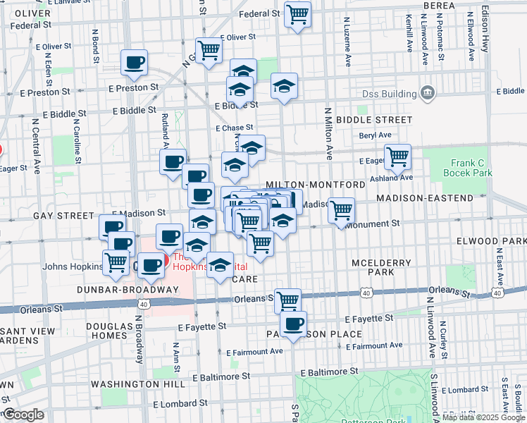map of restaurants, bars, coffee shops, grocery stores, and more near 727 North Collington Avenue in Baltimore