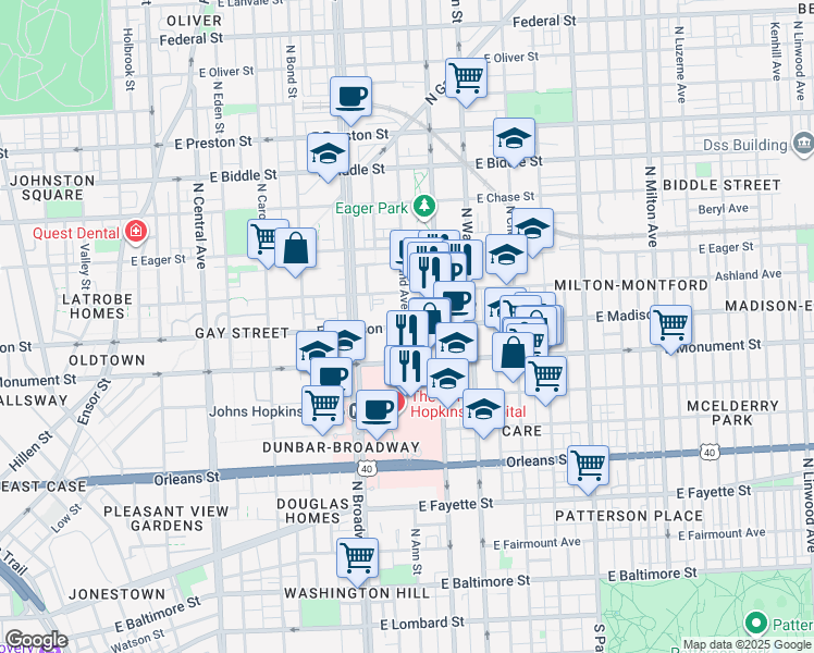 map of restaurants, bars, coffee shops, grocery stores, and more near 1800 East Madison Street in Baltimore