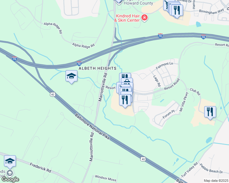 map of restaurants, bars, coffee shops, grocery stores, and more near 11075 Resort Road in Ellicott City