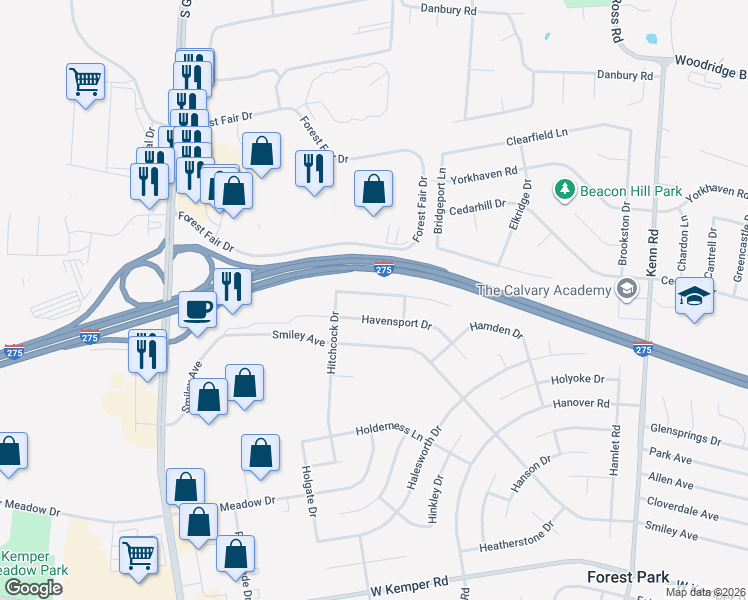 map of restaurants, bars, coffee shops, grocery stores, and more near 12077 Hitchcock Drive in Cincinnati