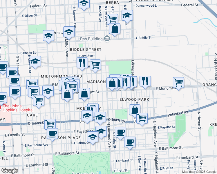map of restaurants, bars, coffee shops, grocery stores, and more near 709 North Linwood Avenue in Baltimore