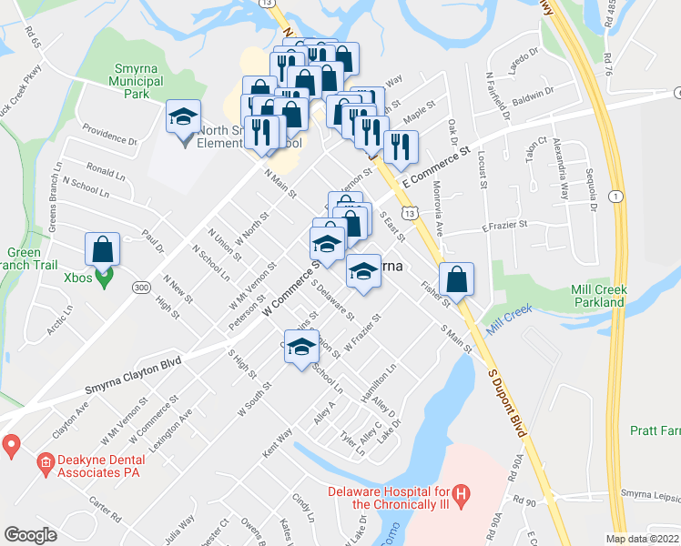 map of restaurants, bars, coffee shops, grocery stores, and more near 24 South Market Street in Smyrna