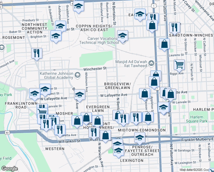 map of restaurants, bars, coffee shops, grocery stores, and more near 2400 Mosher Street in Baltimore
