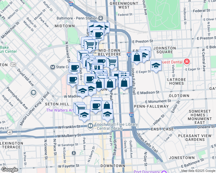 map of restaurants, bars, coffee shops, grocery stores, and more near 13 East Read Street in Baltimore