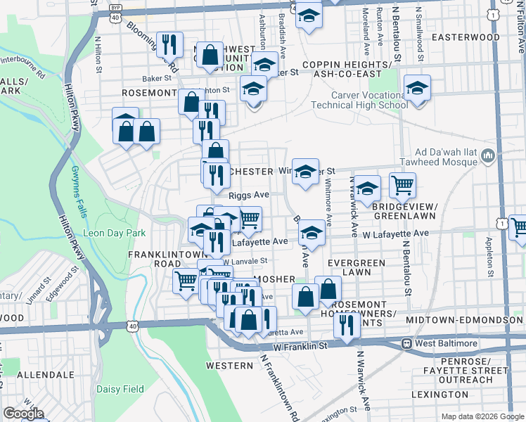 map of restaurants, bars, coffee shops, grocery stores, and more near 2714 West Mosher Street in Baltimore