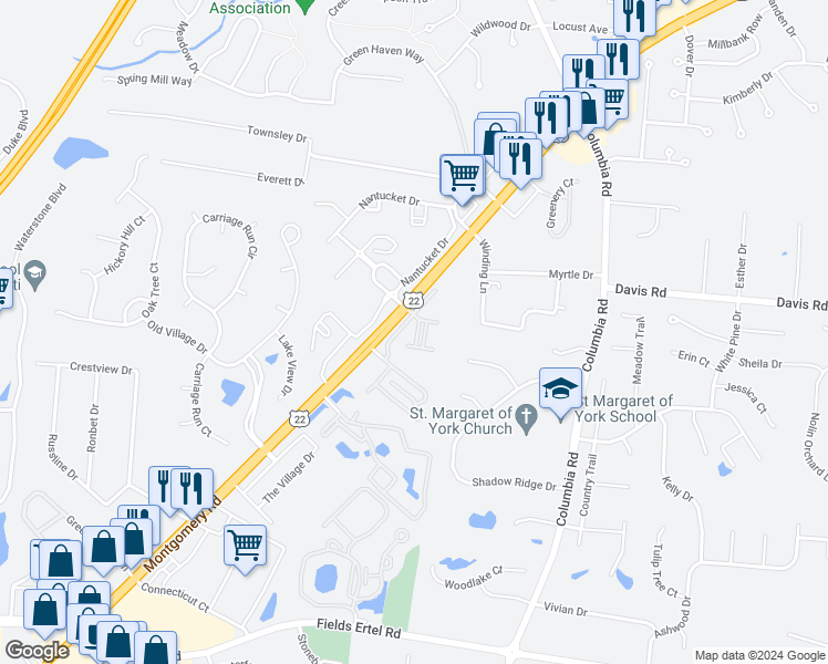map of restaurants, bars, coffee shops, grocery stores, and more near 3503 Montgomery Road in Loveland