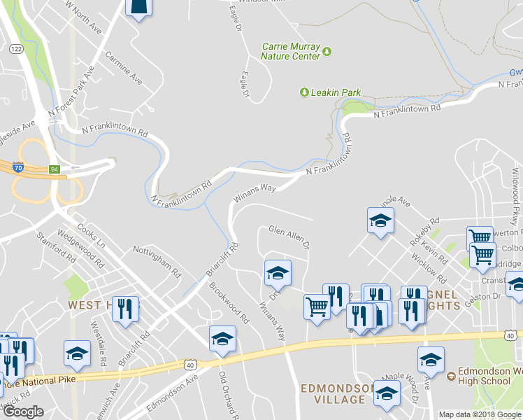 map of restaurants, bars, coffee shops, grocery stores, and more near 4637 Briarclift Road in Baltimore