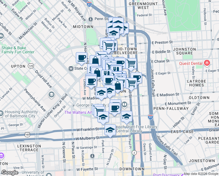 map of restaurants, bars, coffee shops, grocery stores, and more near Cathedral Street in Baltimore