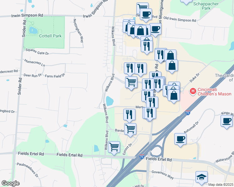 map of restaurants, bars, coffee shops, grocery stores, and more near 5325 Natorp Boulevard in Mason