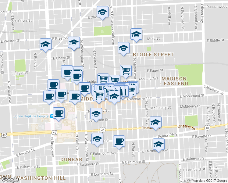 map of restaurants, bars, coffee shops, grocery stores, and more near 744 North Patterson Park Avenue in Baltimore