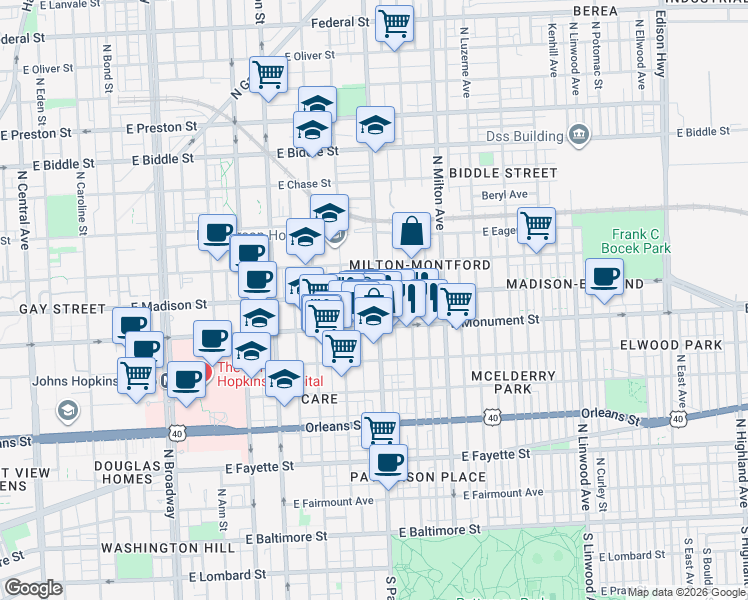 map of restaurants, bars, coffee shops, grocery stores, and more near 744 North Patterson Park Avenue in Baltimore