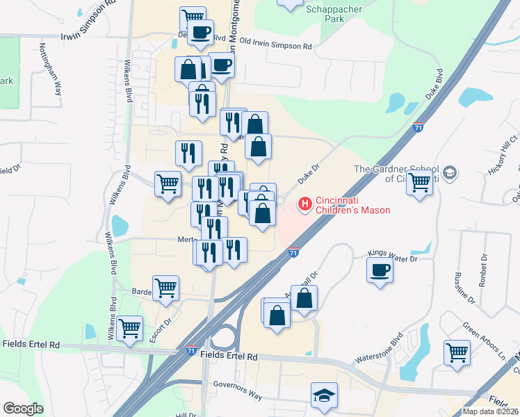 map of restaurants, bars, coffee shops, grocery stores, and more near 9550 Mason Montgomery Road in Mason