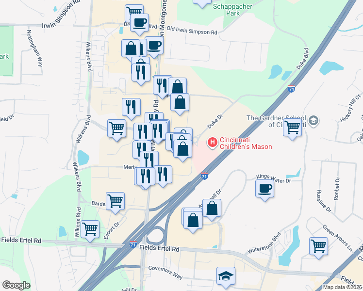 map of restaurants, bars, coffee shops, grocery stores, and more near 9550 Mason Montgomery Road in Mason