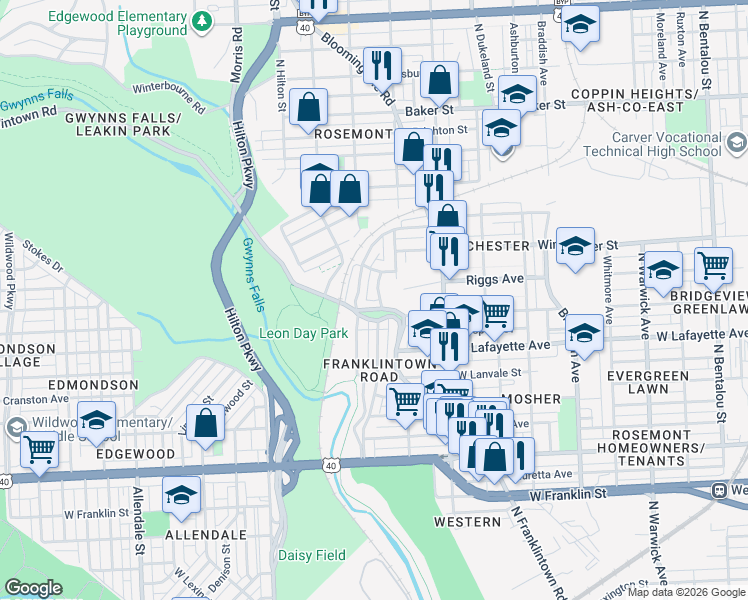 map of restaurants, bars, coffee shops, grocery stores, and more near 1000 North Rosedale Street in Baltimore