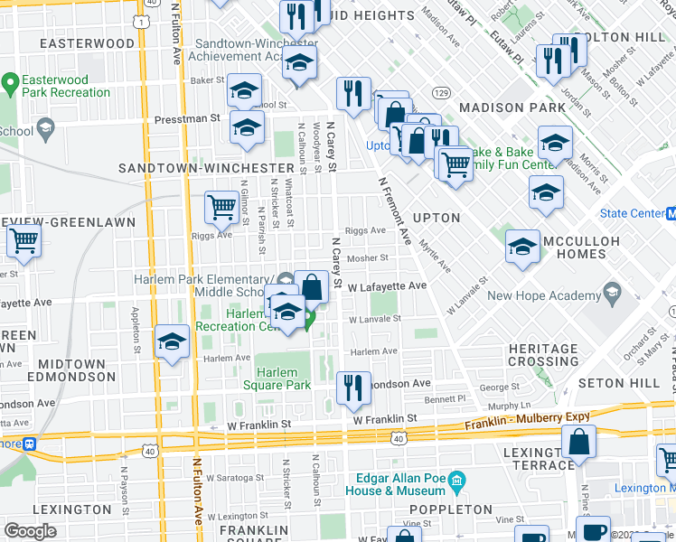 map of restaurants, bars, coffee shops, grocery stores, and more near North Carey Street in Baltimore
