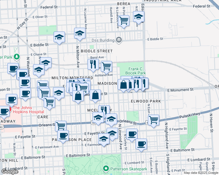 map of restaurants, bars, coffee shops, grocery stores, and more near 731 North Kenwood Avenue in Baltimore