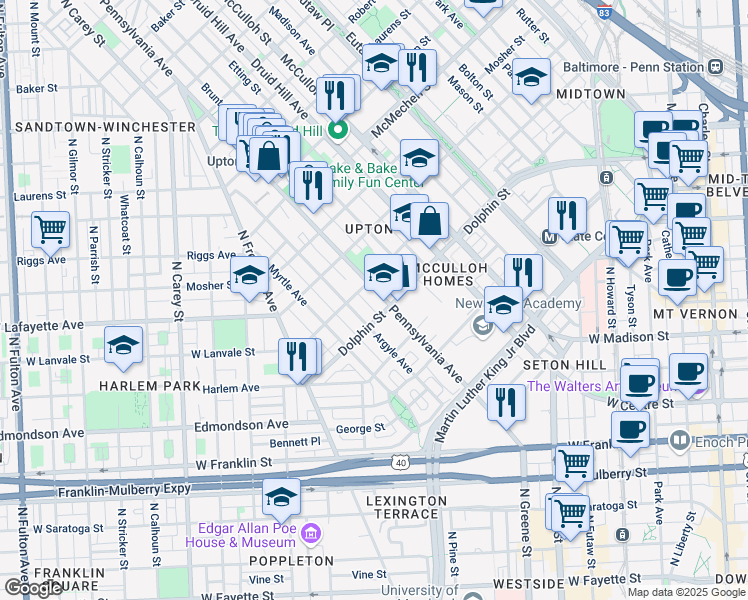 map of restaurants, bars, coffee shops, grocery stores, and more near 1200 Pennsylvania Avenue in Baltimore