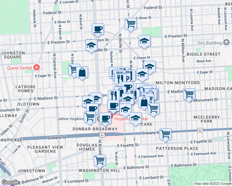 map of restaurants, bars, coffee shops, grocery stores, and more near 1800 East Madison Street in Baltimore