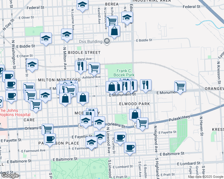 map of restaurants, bars, coffee shops, grocery stores, and more near 719 North Curley Street in Baltimore