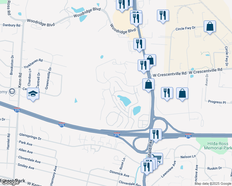 map of restaurants, bars, coffee shops, grocery stores, and more near 12100 Lake Circle Drive in Cincinnati